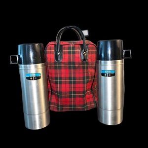 Vintage Alladin Plaid Tote with Two Metal King-Seeley 1-Liter Thermoses